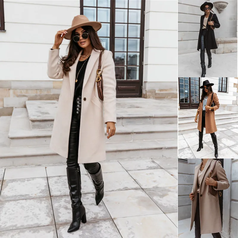 2022 Autumn and Winter Solid Color Lapel Mid-length Button Wool Warm and Comfortable Coat Coat Women's Clothing