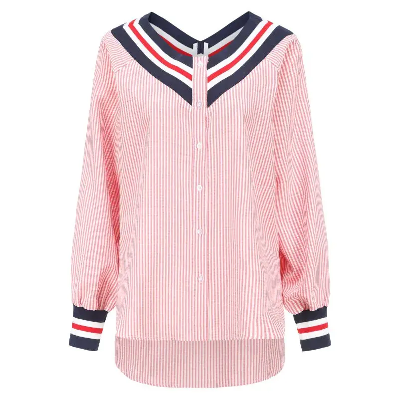 Spring Autumn New Striped Contrast Patchwork Shirt Tops Long Sleeve Loose Button Vintage Blouse Fashion Casual Women Clothing