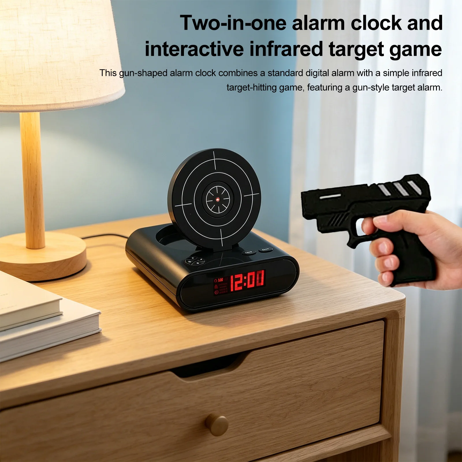Target Wake UP Alarm Clock with Gun & LED Display Creative Target Shooting Clocks 2 Alarming Modes for Home Office Living Room