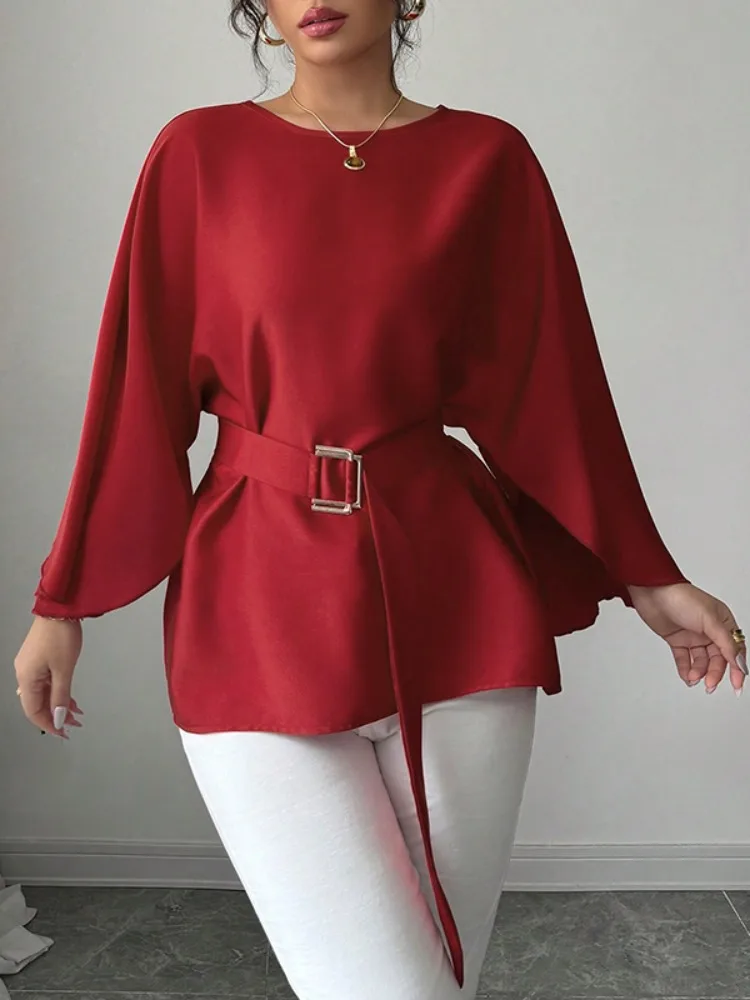 

Freeacy Women's Solid Red Loose Fit Blouse Flared Sleeves Belted Elegant T-shirt 2025 Autumn Stylish Commuter Shirts Pullovers