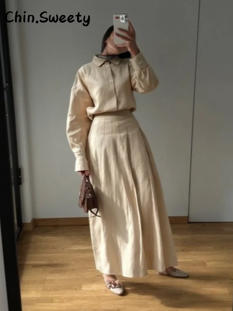 

Elegant Long Skirts Sets Women Lapel Full Sleeve Single Breasted Shirt High Waist A-line Skirt 2025 Autumn Lady Chic Commute Set