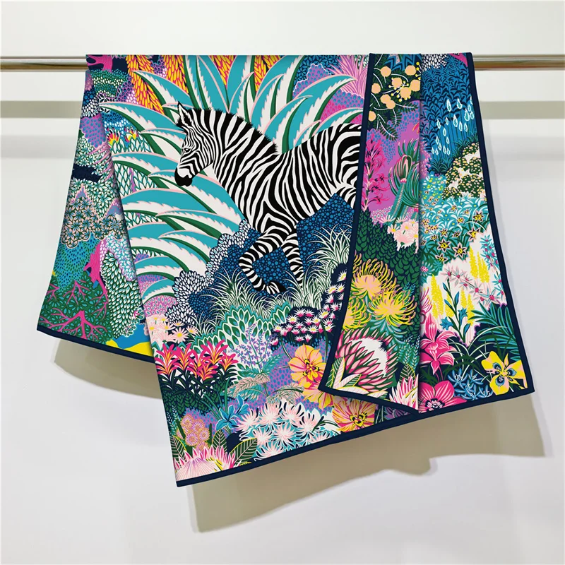 POBING Silk Cashmere Scarf Women Curled Square Scarves Wraps Foreast Zebra Printed Bandana Luxury Hijabs Female Foulards view 2