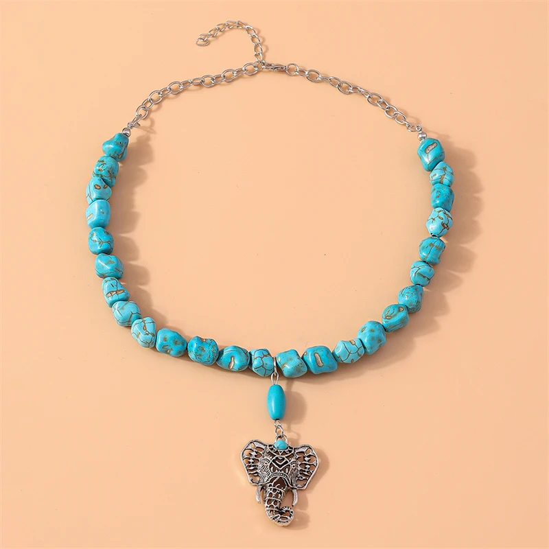 Bohemian Handmade Turquoise Beads Necklace for Women Metal Elephant Pendant Necklace Girls Party Festival Jewelry Gifts