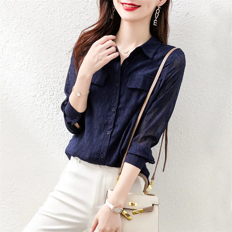 Fashion Bright Silk Gauze Spliced Long Sleeve Blouse Spring Autumn Women\'s Clothing Office Lady Vintage Turn-down Collar Shirt