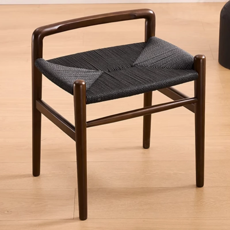 

Nordic Rattan Woven Tea Stool, Solid Wood Makeup Bench, Japanese Rustic Guesthouse Chair, Traditional Mortise-Tenon Seat