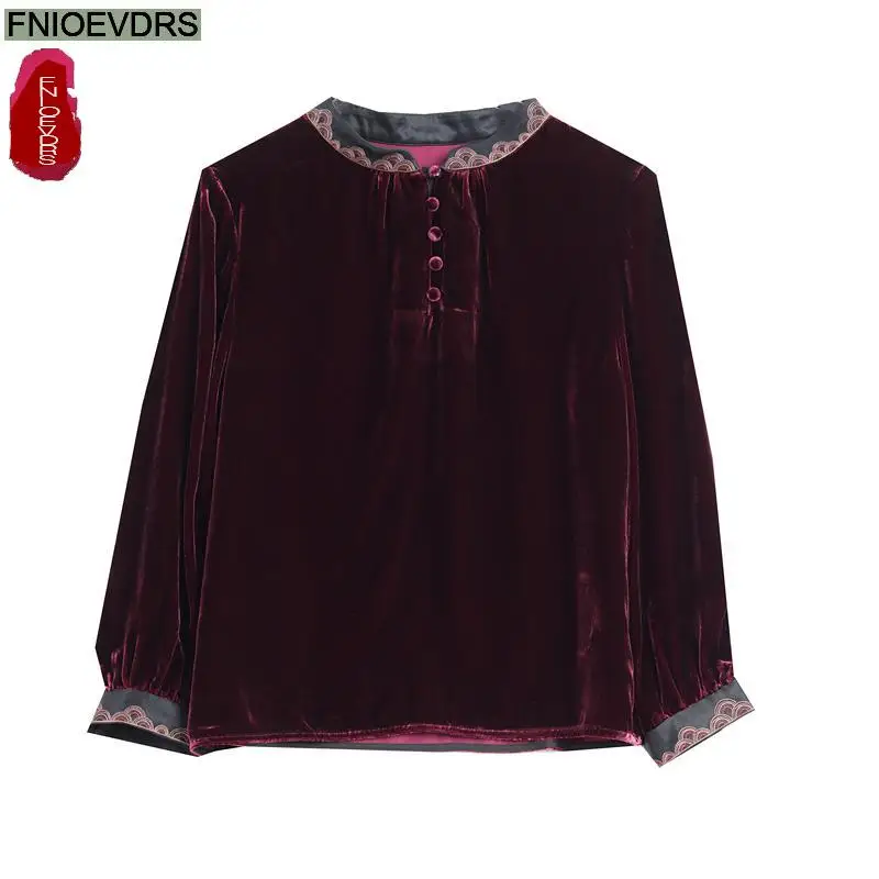 M-4XL New Year Red Black Tops Women Winter Basic Wear Button Stand Collar Retro Vintage French Design Shirts Velvet Tops Blouses