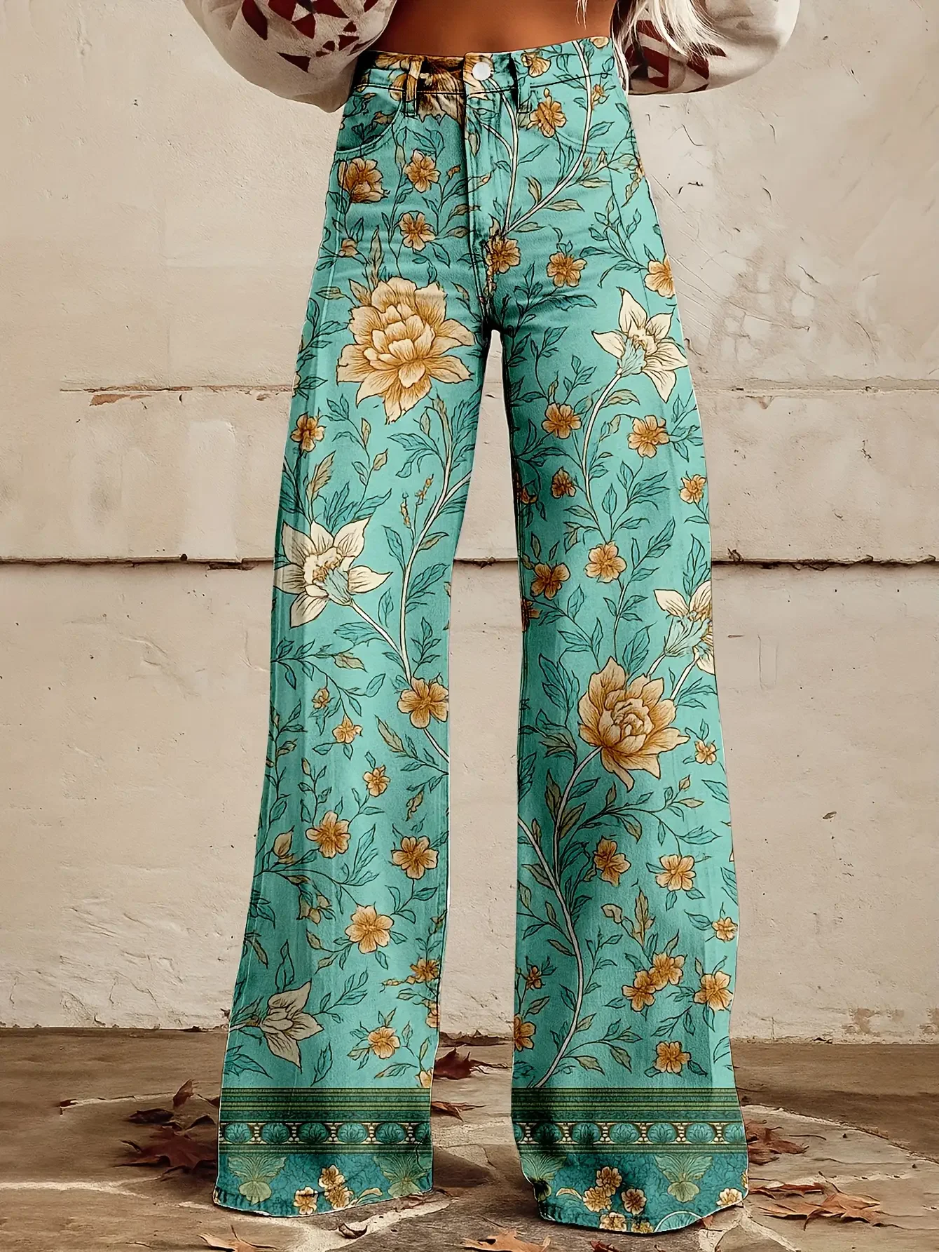  Ladies' fashionable casual wide leg jeans, washed elastic denim, versatile wide leg pants,Realistic flame pattern pants,