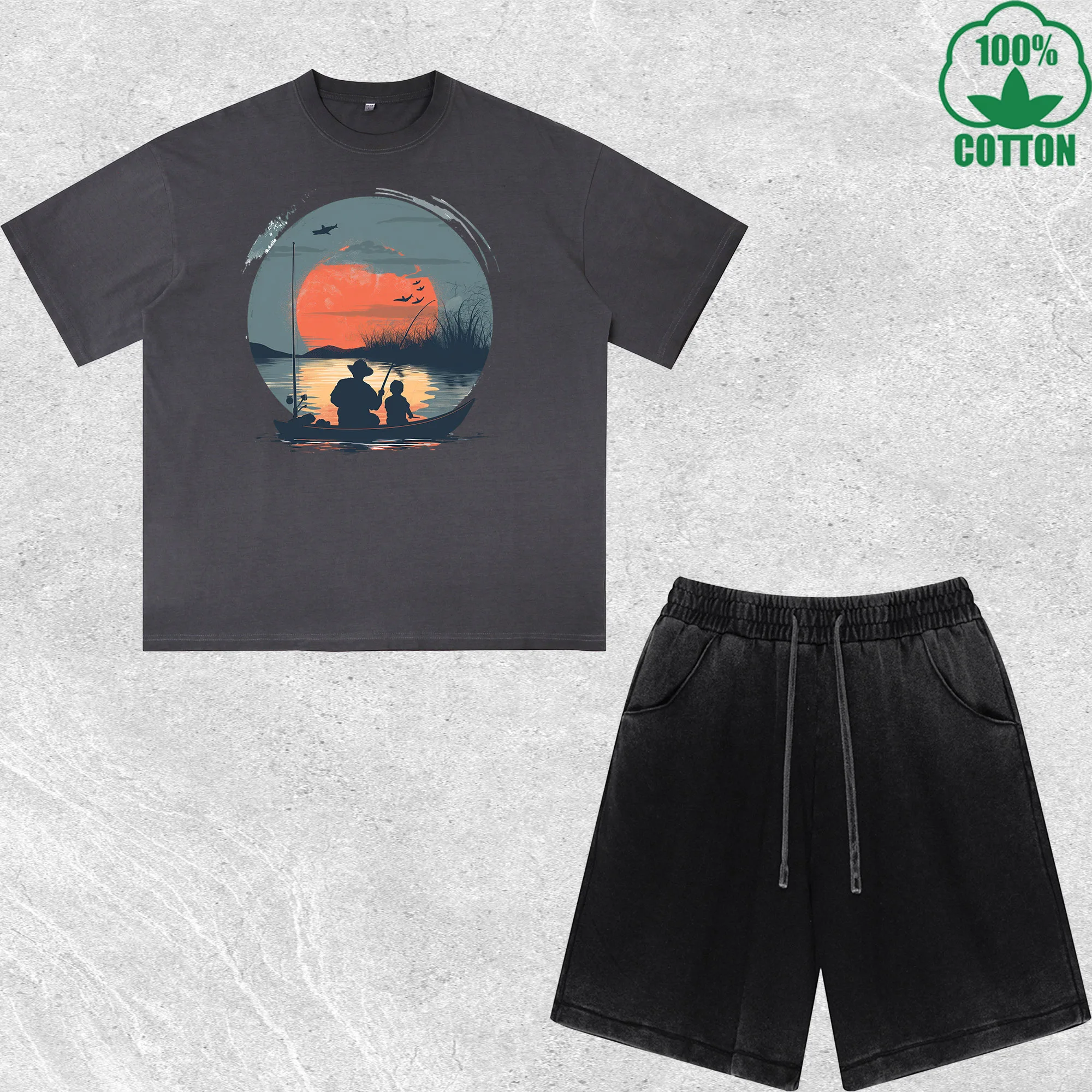 

Litlle Man's Fishing Buddy Printed Dirty Wash T-Shirt Shorts Set Combo Loose Trendy Fashionable 100%Cotton Black Suit