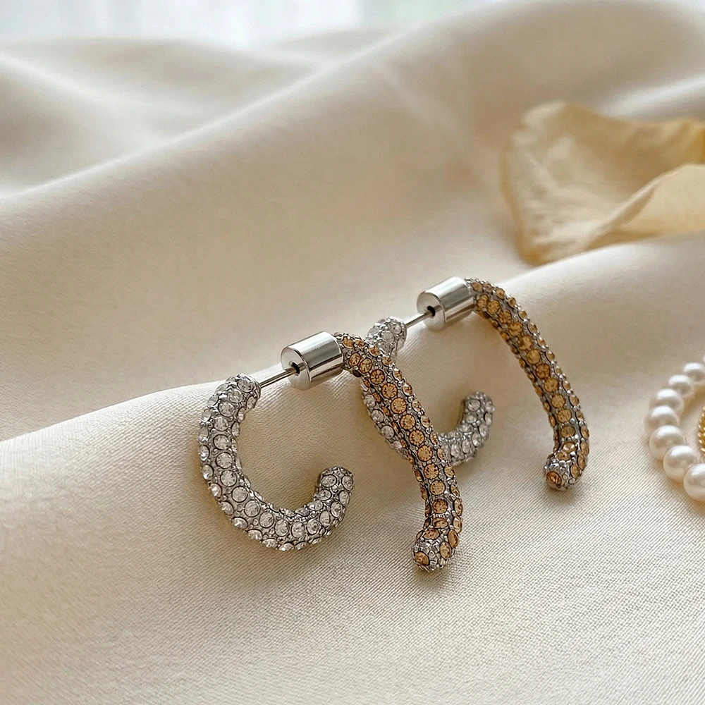  Einzigartige doppelschichtige C-förmige Ohrringe aus Edelstahl, luxuriöser Zirkon-Piercing-Schmuck für Damen, exquisiter Statement-Schmuck, wasserdicht, Geschenk. – Detail 8