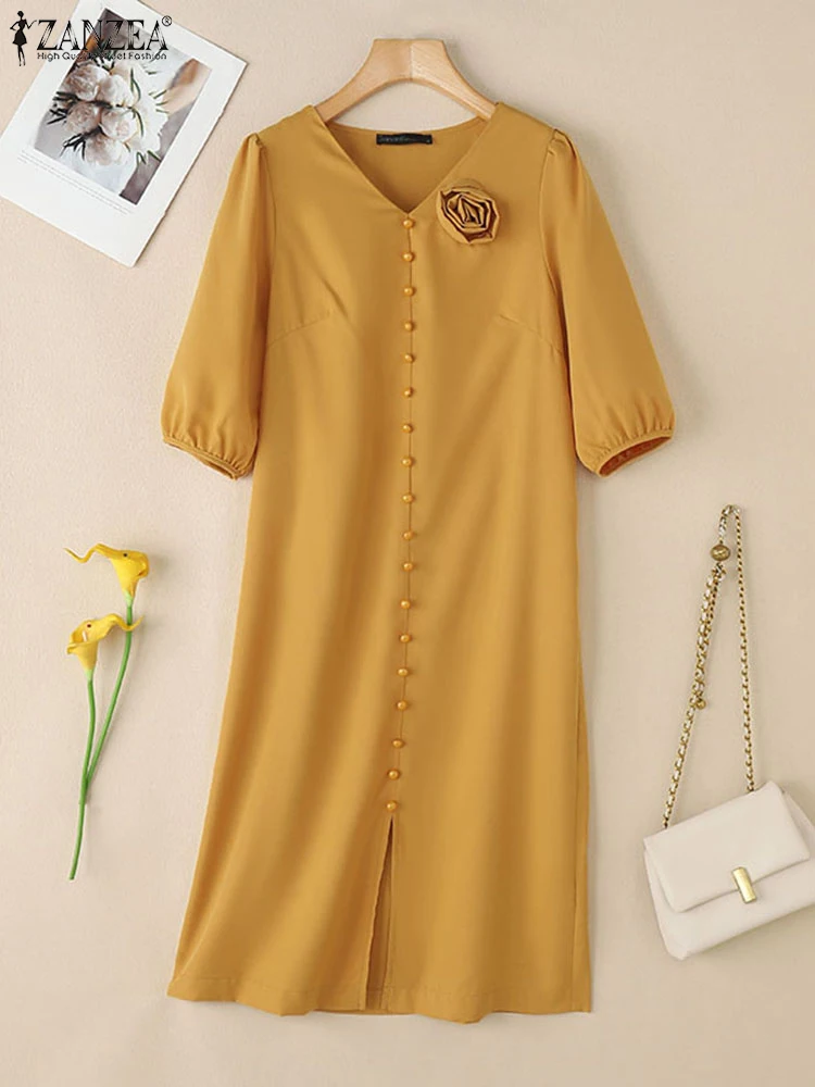 ZANZEA élégant décontracté robe mi-longue col en v vacances fleur détail mode Robes femmes fente ourlet demi manches bouffantes solide Robes Femme