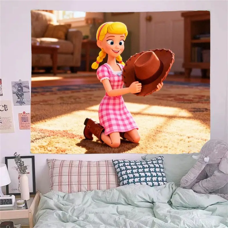 1 Buah Tapestry Gaun Kotak-kotak Merah Muda Bo Peep Toy Story, Dekorasi Seni Dinding Kartun Kawaii, Selimut Poliester untuk Kamar Tidur Ruang Tamu Anak-anak G