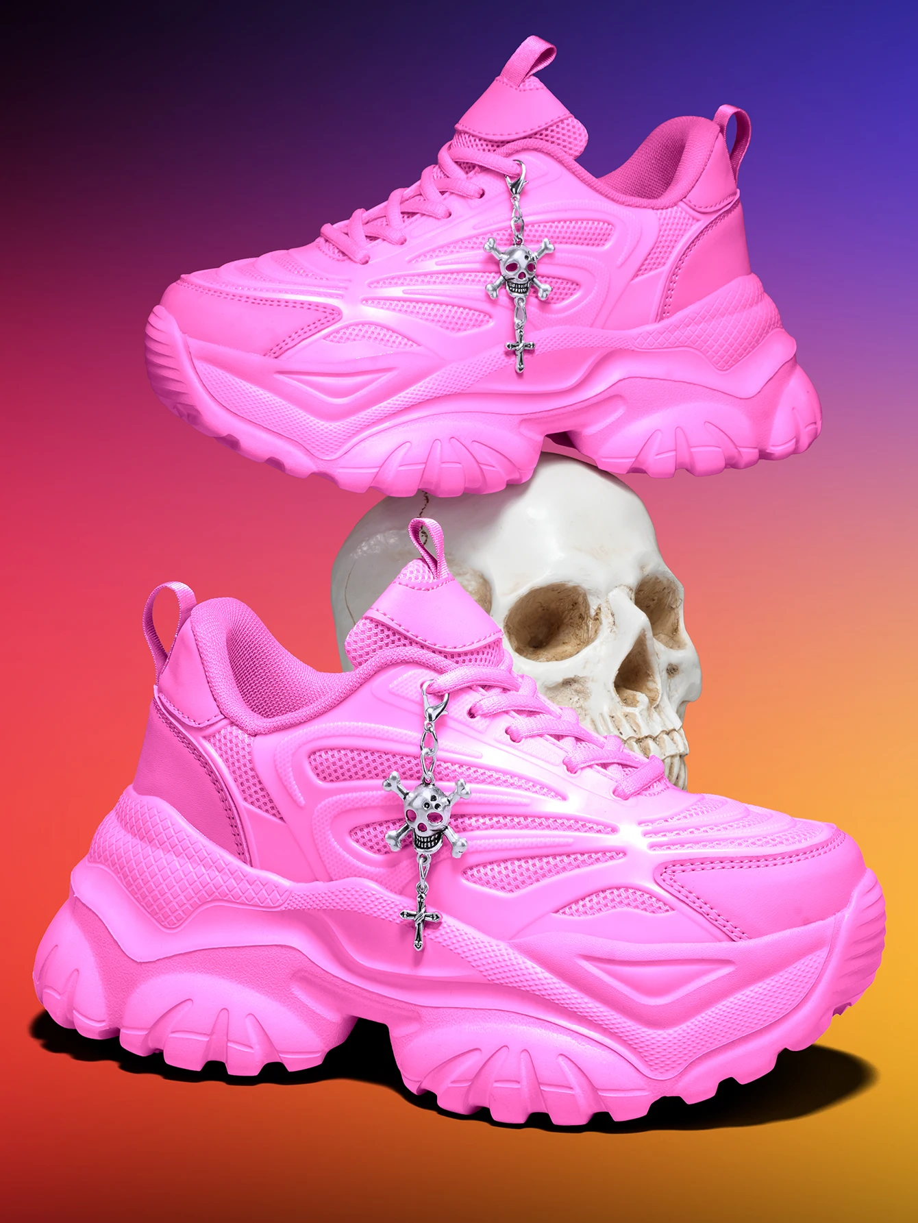 Damen-Outdoor-Allwetter-Modische Dad-Schuhe, Eva-Leichtgewicht-Sneaker mit dicker Sohle und 7 cm Absatzhöhe, orangefarbene Sportschuhe mit abnehmbarem silbernen Kreuz- und Totenkopf-Anhänger im Halloween-Punk-Stil, vielseitig einsetzbar für den täglichen Arbeitsweg und Fitness – Detail 13