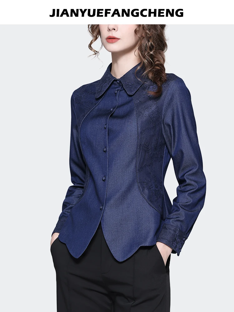 Fashion Women Long Sleeve Blue Denim Shirt 2024 Spring Vintage Embroidered Tops Pointed Collar Casual Button-down Blouses