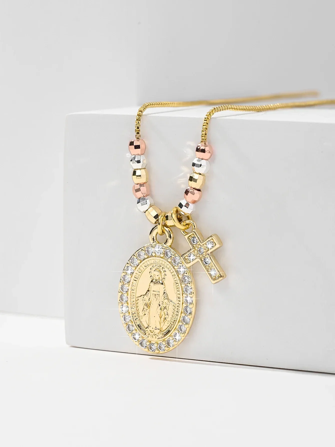 Virgin Mary Pendant Necklace, Catholic Medal Brass Zircon Our Lady of Guadalupe Chain, Miraculous Religious Gift for Women