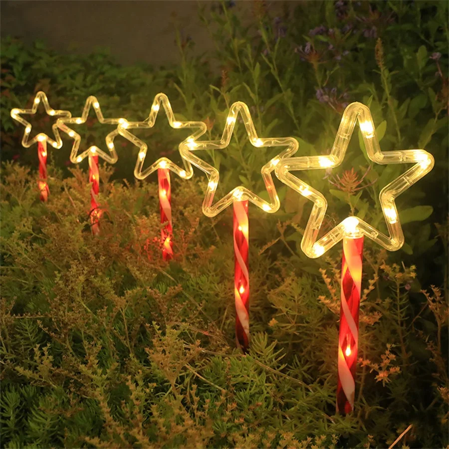 5 Pack Solar Christmas Candy Cane Light Outdoor Solar Candy Cane Pathway Light With Snowman Snowflakes Santa Cluas Deer Decor