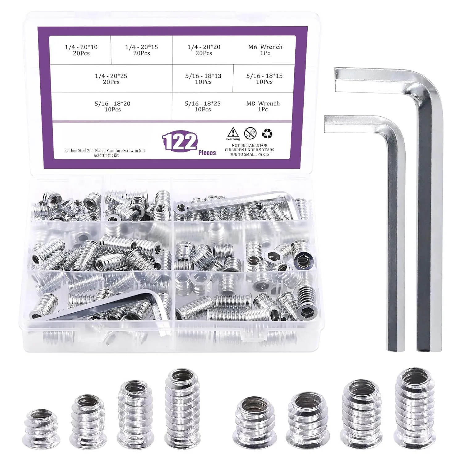 122pcs White Zinc British Furniture Screw Nut Accessory Set Color Zinc Inner and Outer Teeth Nut Set