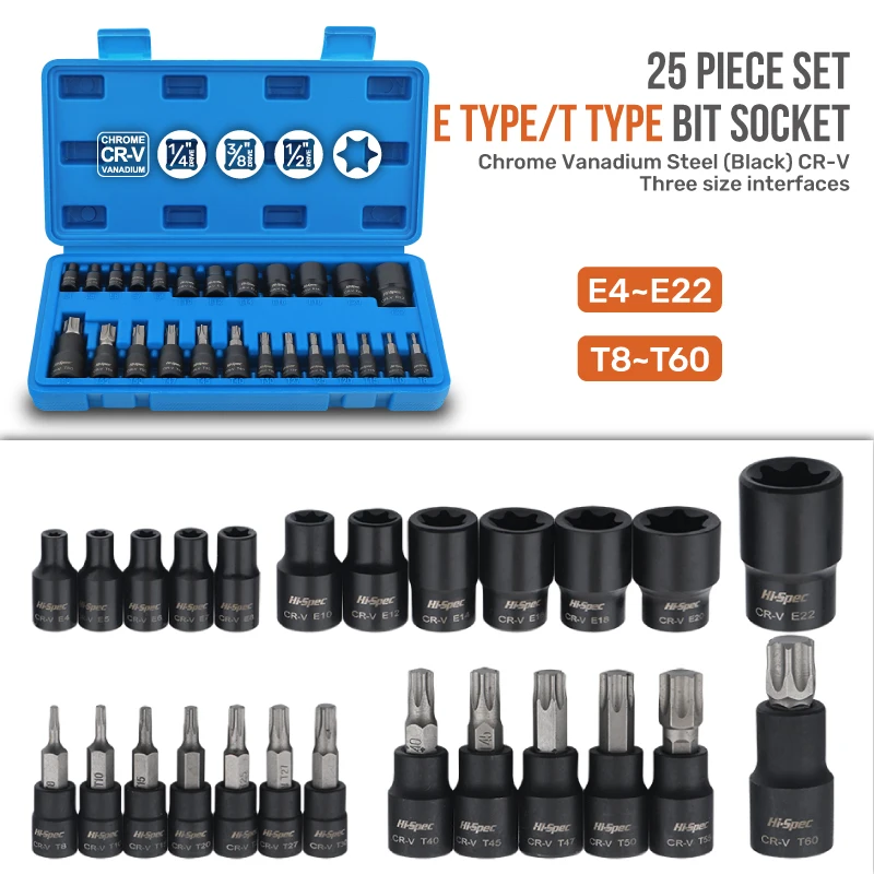 Hi-Spec 19/23/25/34/PCS CRV E-type T-type Torx Star Wrench Socket Head screwdriver socket sets E-type Socket Set  Hand Tools Set