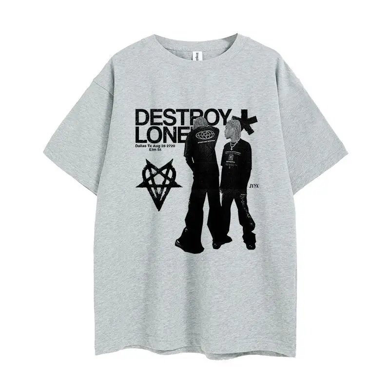 

Streetwear Destroyed Lone T-shirt Men Summer Cotton Loose Fit Graphic Print Street Style Casual Wear