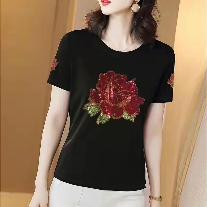 Summer Thin Casual Pullovers Ladies Fashion Diamonds Women\'s Clothing All-match Short Sleeve Tops Trend Solid Color T-Shirts