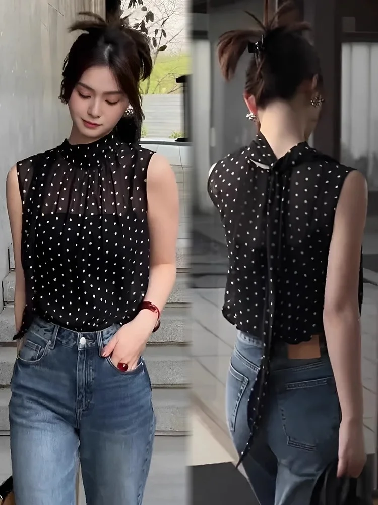 

Женский летний топ в горошек в стиле ретро Svel Sa irt, новая корейская версия, уникальный супер красивый персональный топ с галстуком-бабочкой