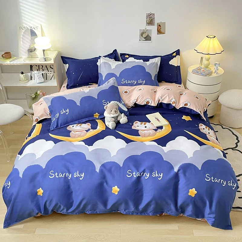 Cute Cartoon Cat Duvet Cover Starry Sky Star Moon Bedding Set 4PCS Set Reversible Quilt Cover Microfiber Flat Sheet & Pillowcase