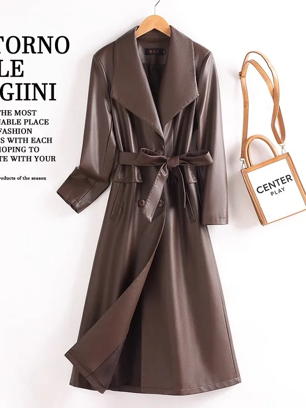 High-End Women's Sheepskin Leather Jacket Mid-Length Over-Knee Windbreaker Commute Style Long Sleeve Polyester Lined Coat