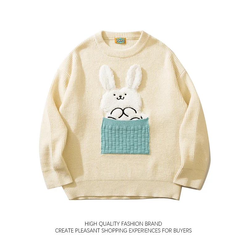 Preppy O-neck Sweater Cute Flocked Rabbit Pocket Patchwork Top for Men Women Vintage Oversize Jumpers Versatile Pullover Sweater