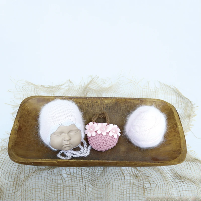 Knitted Angora Wrap Bonnet And Photography Accessories Three Piece Set Newborn Photogarphy Props Baby Wrap Hat Toy Photo Shoot