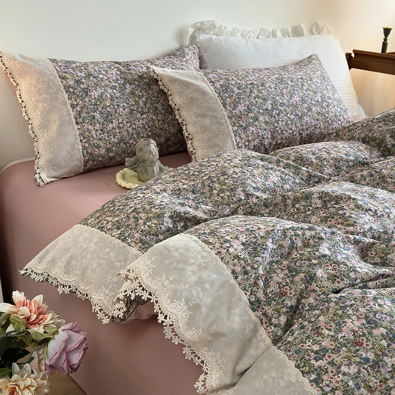 Korean Princess Style Pastoral Floral Lace 100% Cotton Single Queen King Bedding Set Duvet Cover Flat/Fitted Sheet Pillowcases