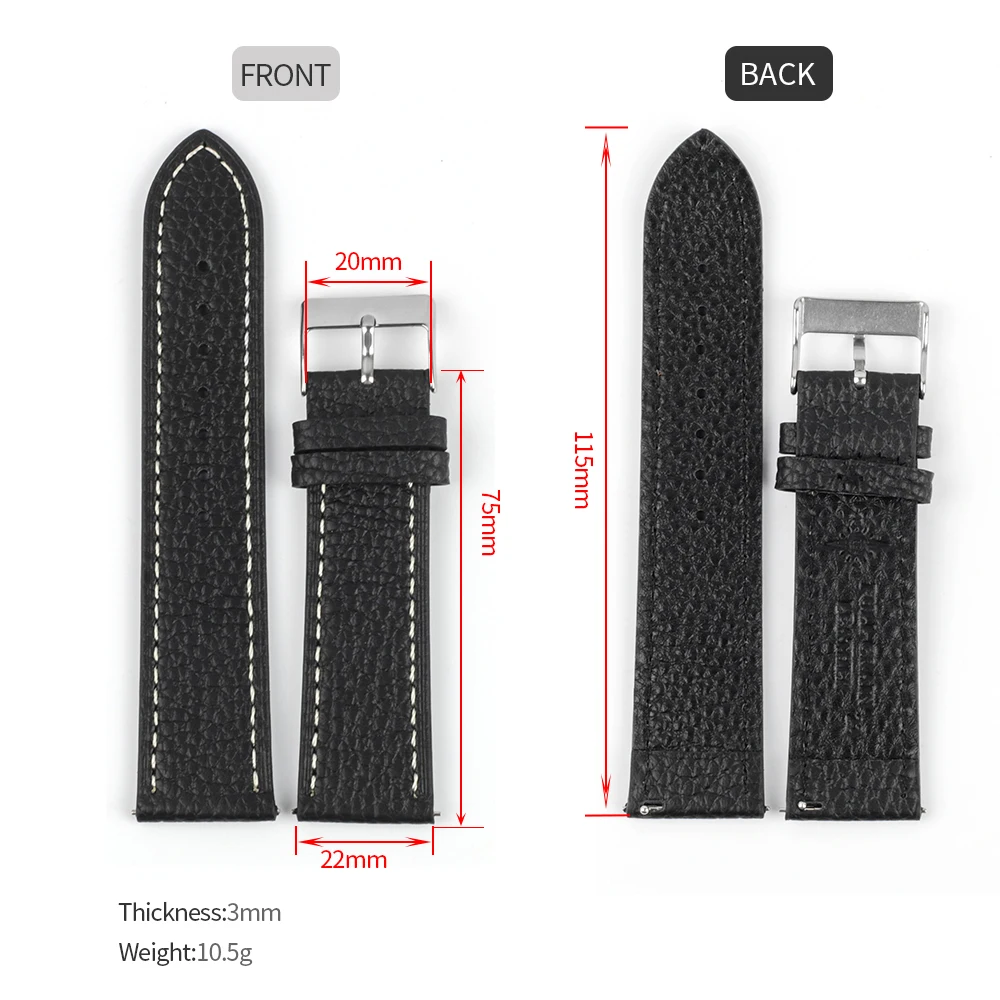 Soft Genuine Leather Watch Band 16mm 18mm 20mm 22mm Cowhide Litchi Pattern Watch Strap for Men Women Watch Accessories