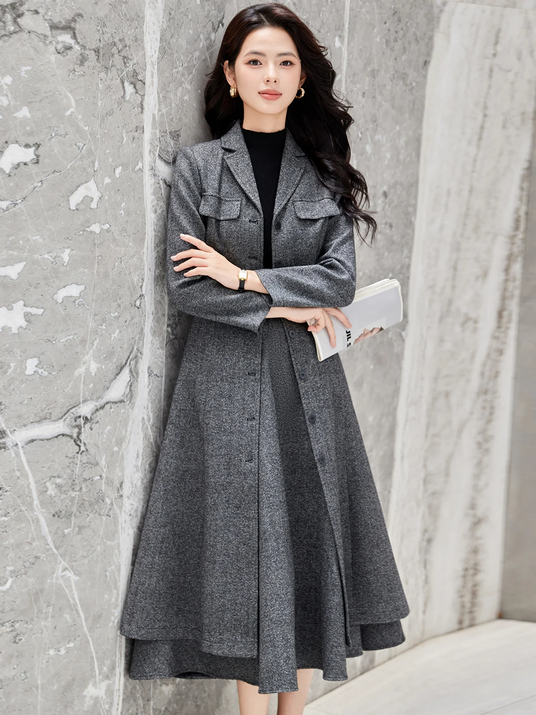 Elegant Woolen Suit Style Coat Women's Autumn Winter New Fashion Classy Medium Length OL Waist Cinched Full Skirted Wool Blen...