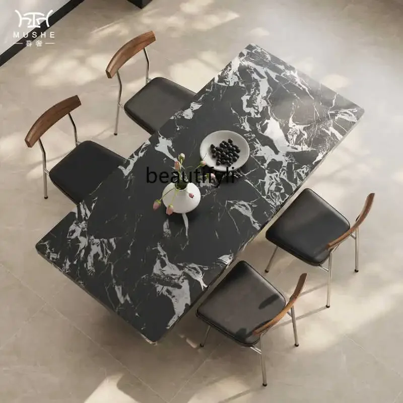 Retro wind rock slab dining table Household high-end rectangular dining table Black rock slab dining table