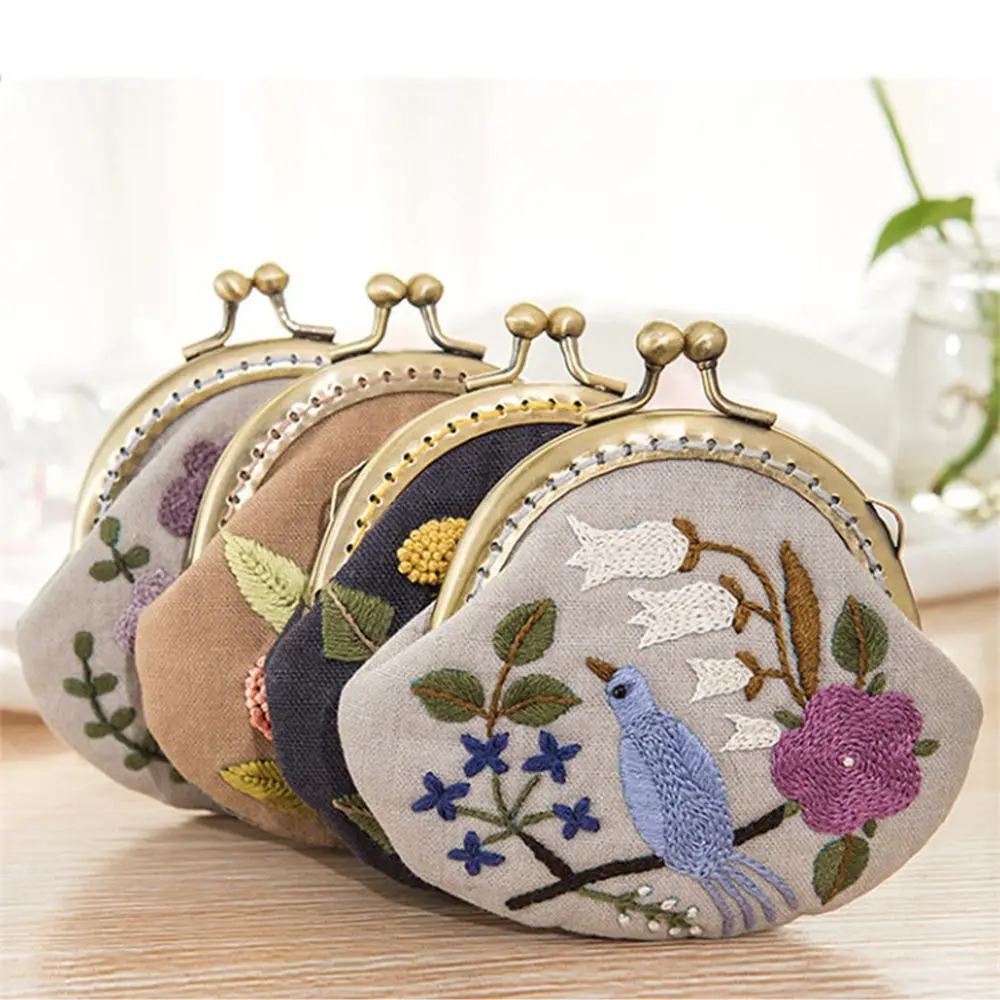 Handmade DIY Flowers Bird Embroidered Clutch Coin Purse Wallet Mobile Phone Bags Kit Embroidered for Wallet Crafts