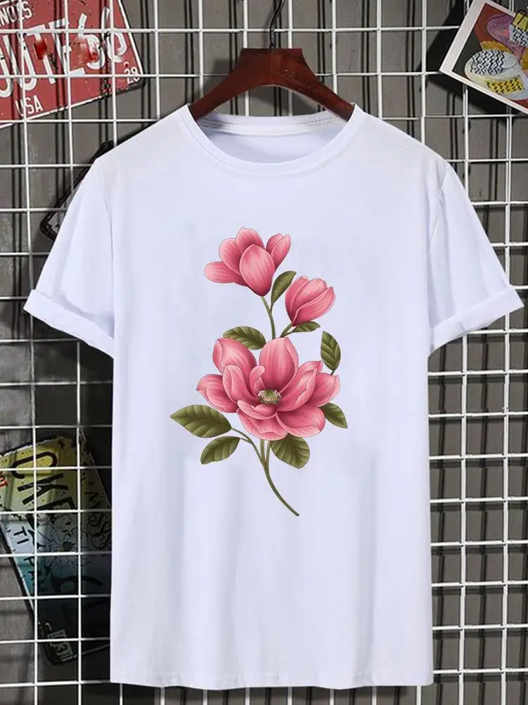 

Flower Lovely Women Top Lady Female Shirt Tee Short Sleeve Graphic T-shirt Print Fashion O-neck Clothing 90s Trend Clothes