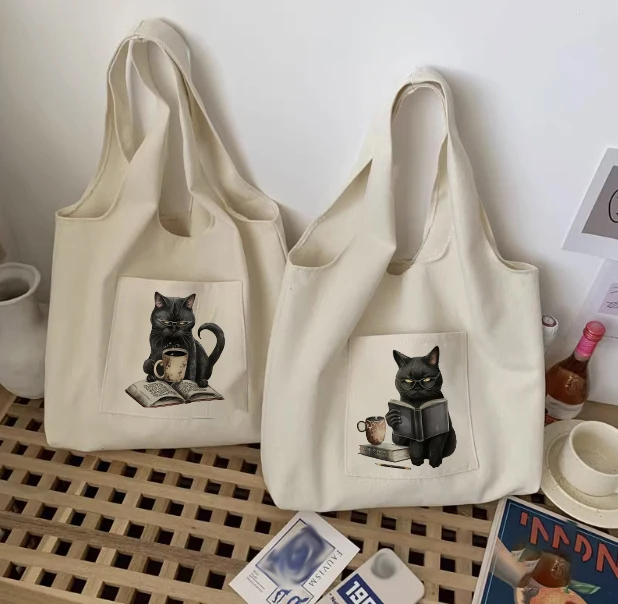 Cat design for weekend leisure coffee, tote canvas tote bag, simple and versatile, women's large capacity shoulder bag