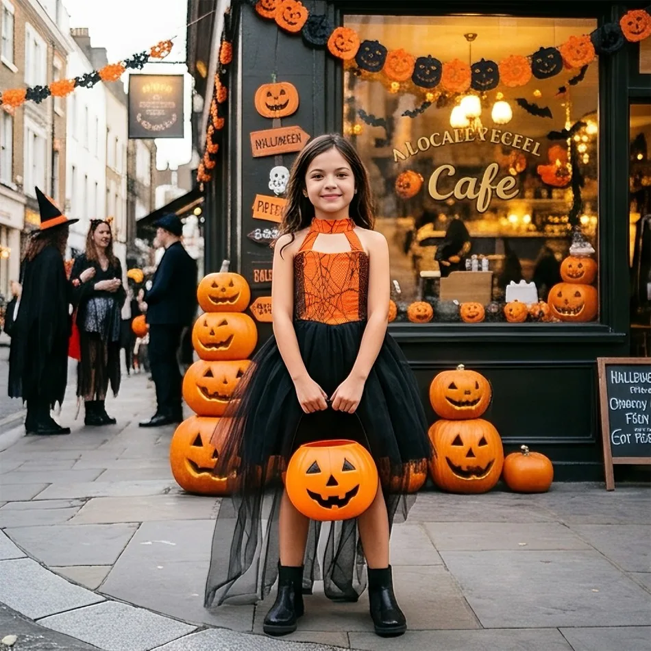 Girls Halloween Witch Train Dress Halter Neck Spider Web Tulle Dress Kid Black Orange Contrast Cosplay Party Fancy Costume ASQ03