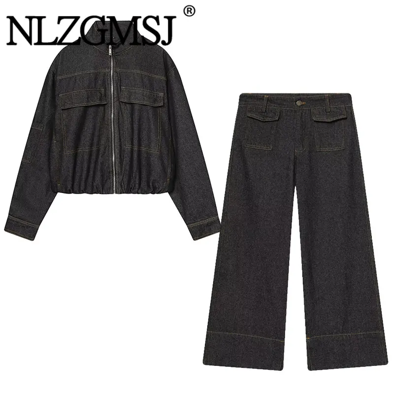 

Nlzgmsj 2026 Spring Vintage Casual Denim Women Suit Stand Collar Long Sleeve Jecket+Straight Pants Fashion Street Wear Sets