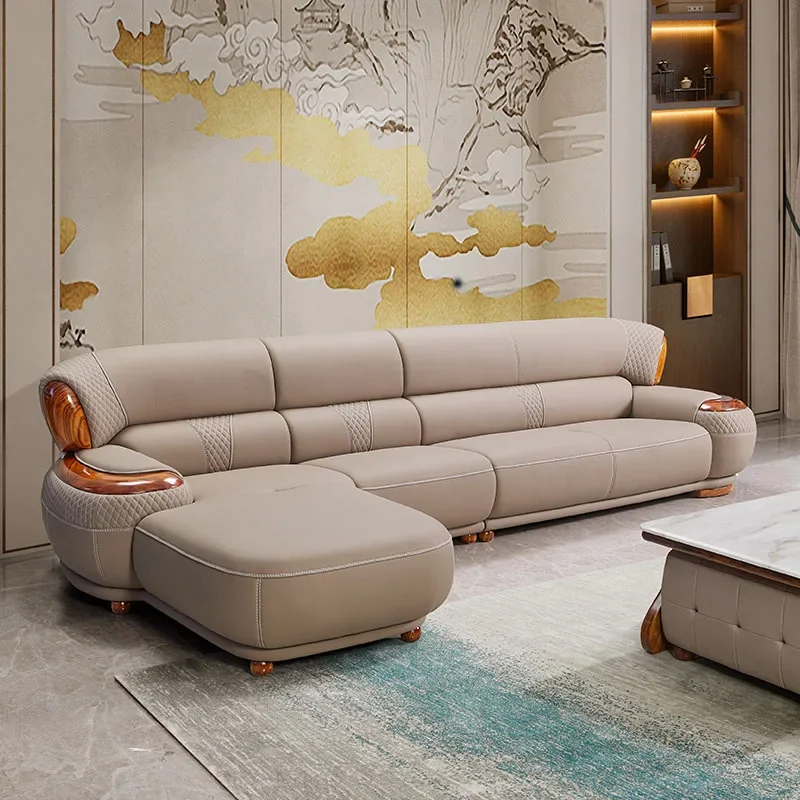 

Black gold wood leather sofa modern light luxury high-end living room villa first floor cowhide solid wood new Chinese