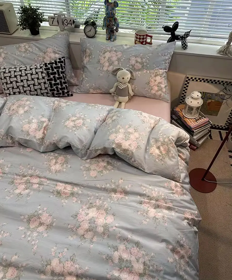 

Fresh blue pink flower bedding set 1.2 1.5 1.8 2.0,twin full queen king cotton home textile bed sheet pillow case quilt cover