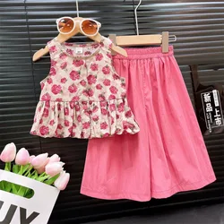 Bear Leader Summer Fashion New Kids Suit Pink Flower Print Sleeveless Top+Pants Two-piece Set Korean Version Sweet Girls Clothes