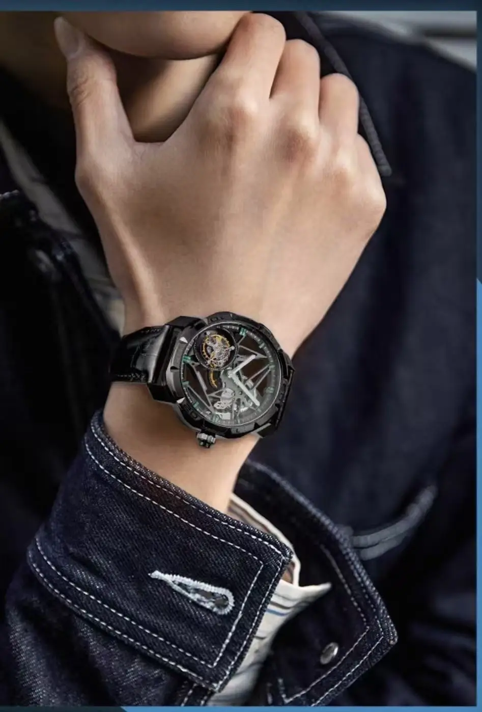 Fashion octagonal case double-sided fully hollowed out manual mechanical watch tourbillon men's watch waterproof watch