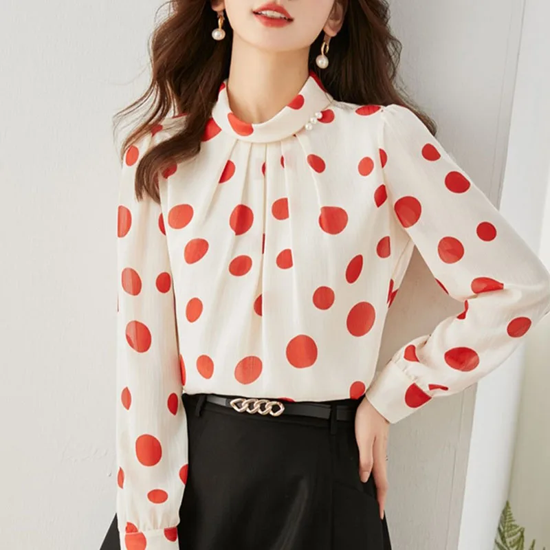 

Fashion Printed Stand Collar Beading Polka Dot Chiffon Blouse Female Clothing 2023 Spring Autumn New Casual Tops Sweet Shirt