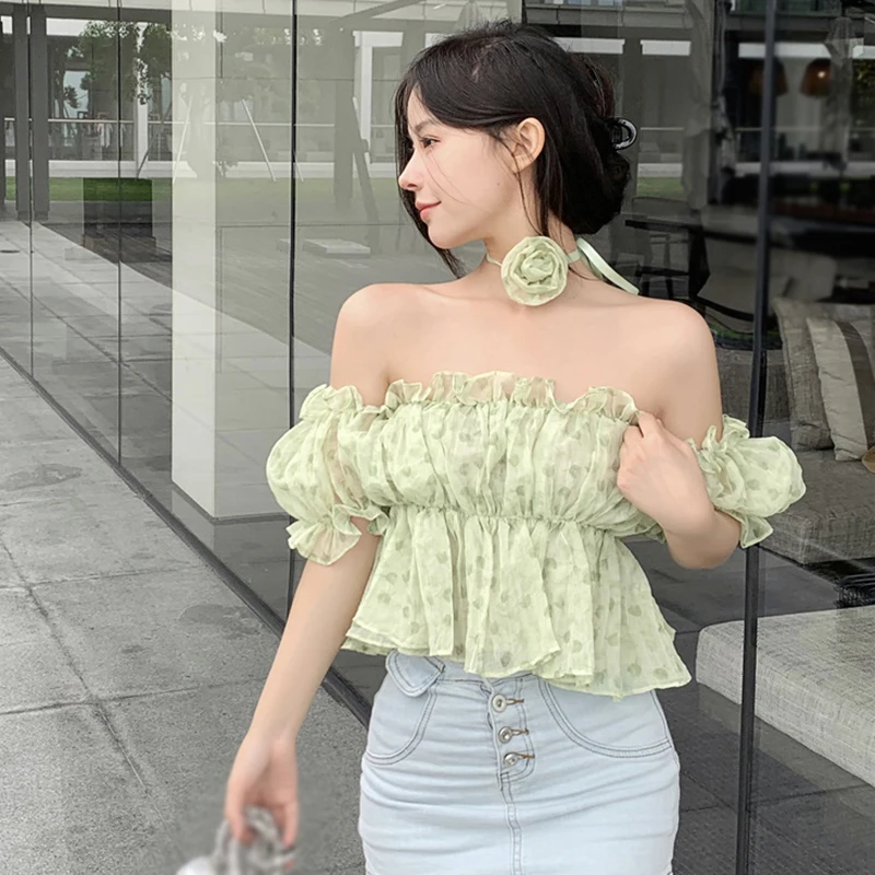 Women\'s Shirt Flower Print Korean Version Off Shoulder Appliqué Slim Sweet Expose Navel Puff Short Sleeve Blouse