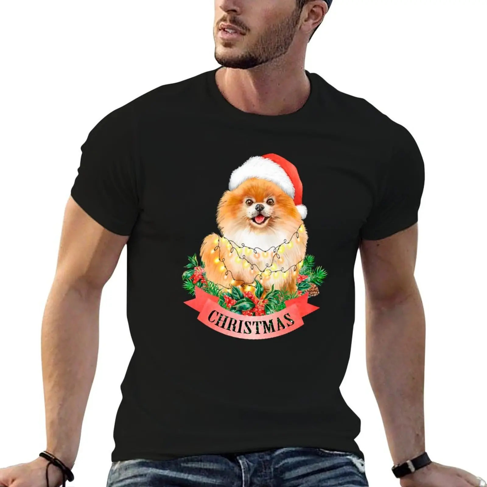 

Christmas Pomeranian Spitz Tree Ornament With Santa Hat T-Shirt men t shirt cotton 100% man t shirt cotton high quality T-Shirt