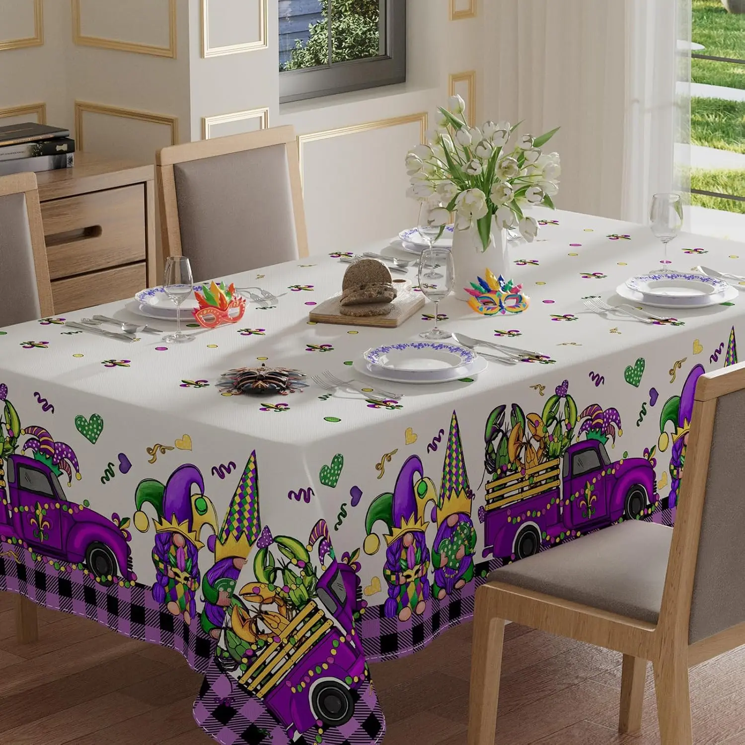 Mardi Gras Truck Gnomes Purple Plaid Tablecloth for Table Decor Washable Lobster Carnival Dining Table Cloth Holiday Party Decor
