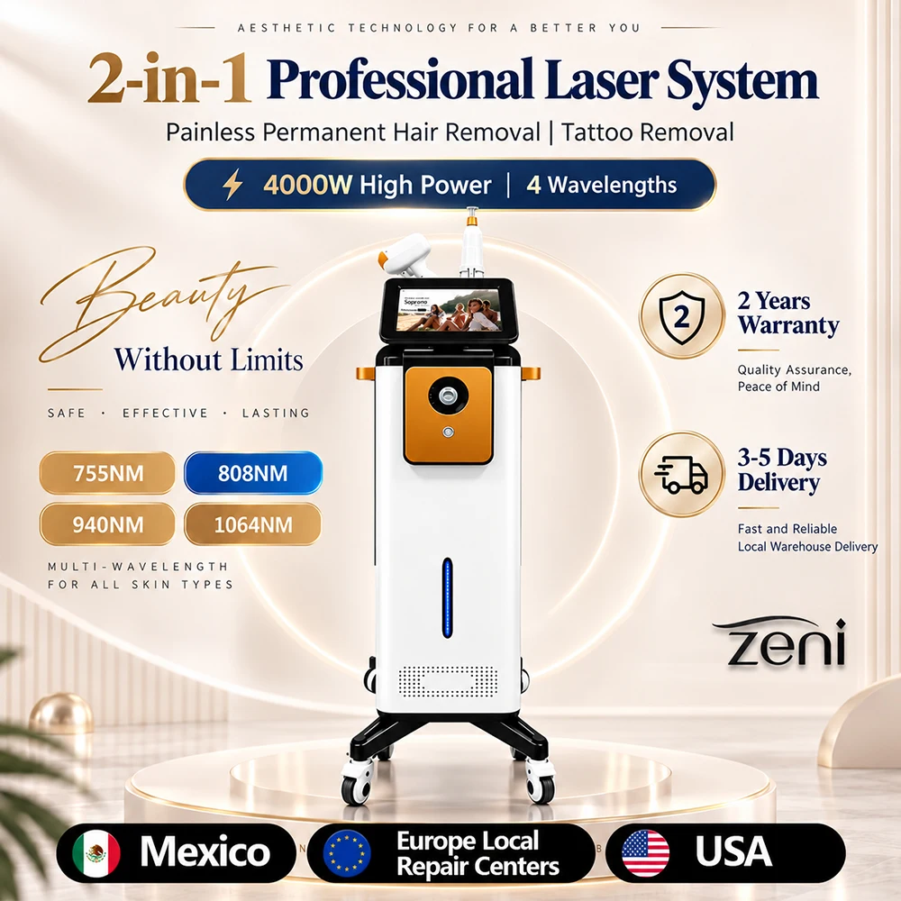 2 In 1 Diode Laser Hair Removal Machine Ice Cooling System, Permanent Hair Reduction Professional Salon Spa Beauty Equipment For