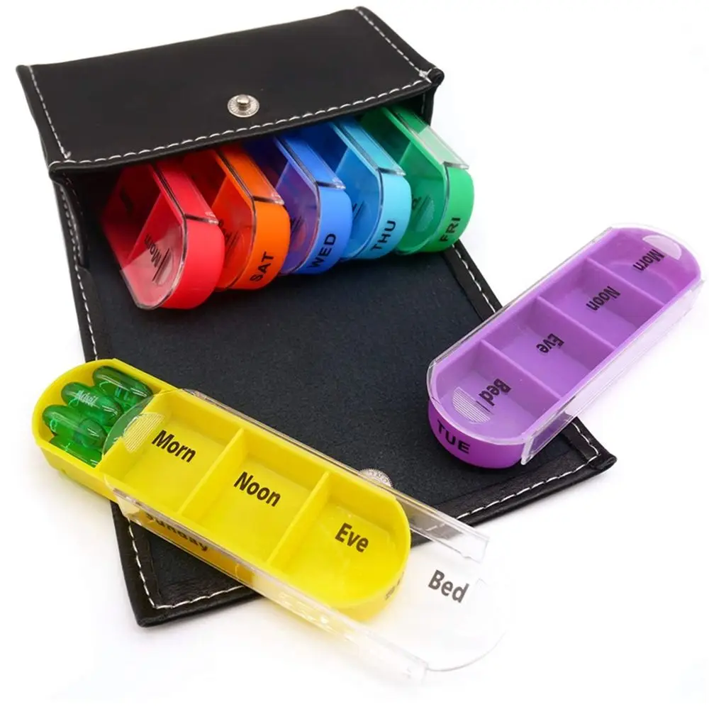 PU Carrying Case Weekly Pill Organizer Box Drug Container Reusable 28-Grid Vitamin Storage Week Mark 4 Times a Day