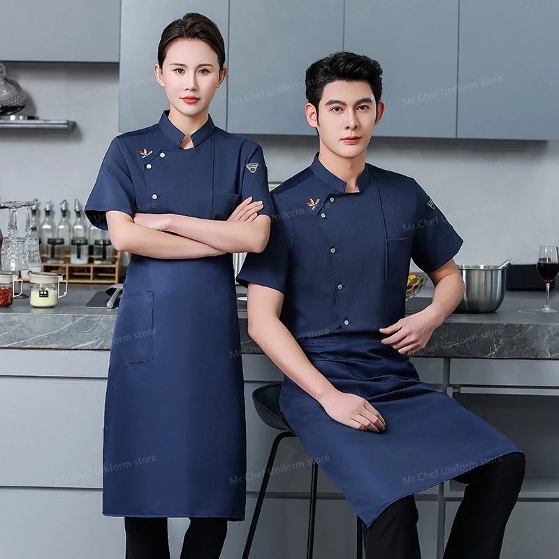 Giacca da cuoco estiva da uomo a maniche corte Uniforme da lavoro da cucina Ristorante traspirante Cappotto da cuoco grembiule bianco abiti da lavoro Pantaloncini da cuoco