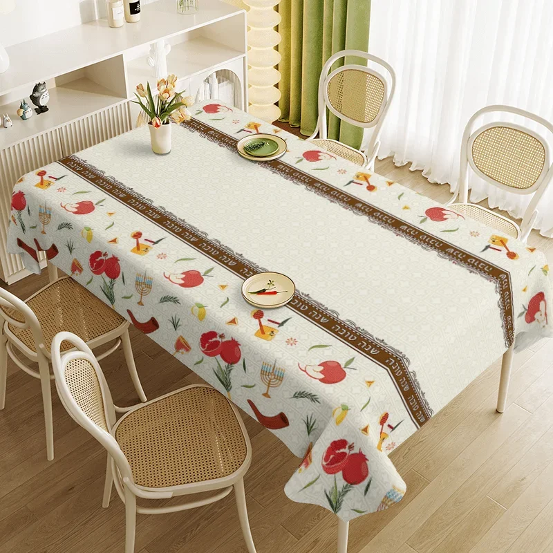 1Pc Rectangular Tablecloth White Floral Fruit Print Table Cover For Dining Kitchen Party Dustproof Oilproof Decorative Cloth