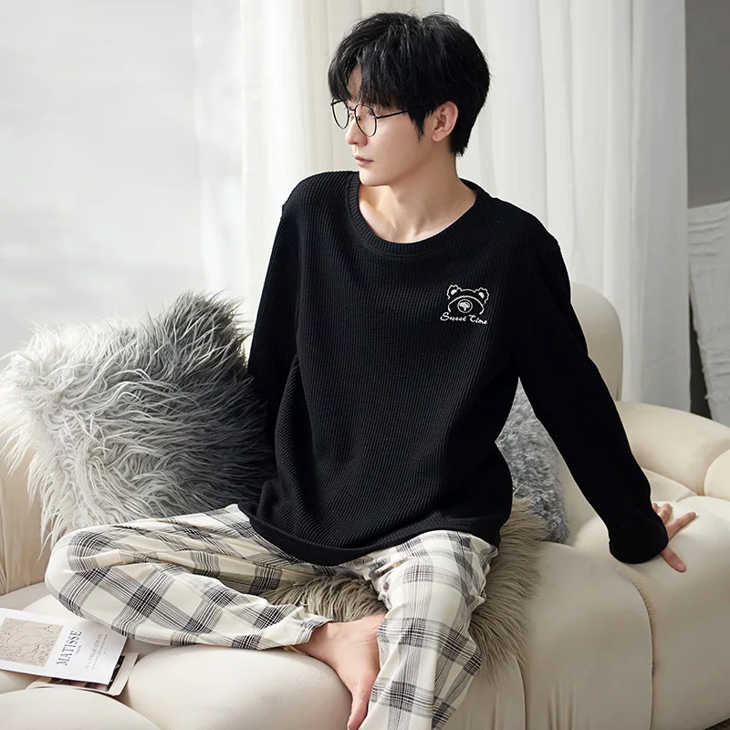 

New Fall Winter Pajamas Men's Cotton Long-sleeved Loose Youth Cartoon Home Clothing Suit Loose Can Be Worn Outside Gentleman